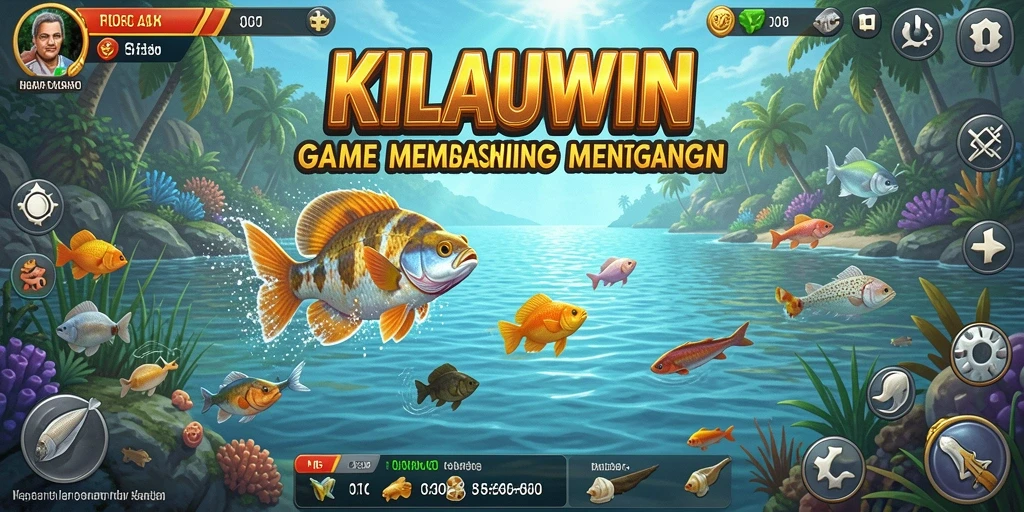 Screenshot gameplay KILAUWIN menunjukkan aksi memancing seru dengan ikan besar.