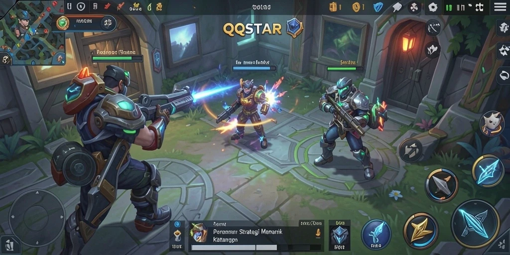 Screenshot gameplay QQSTAR menampilkan pertempuran strategi yang intens.