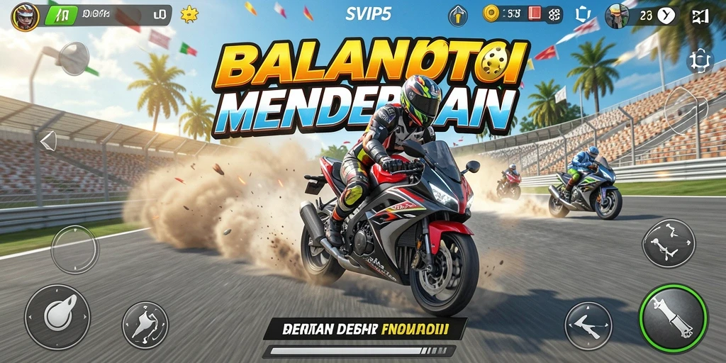 Screenshot gameplay menampilkan aksi balapan motor yang intens.